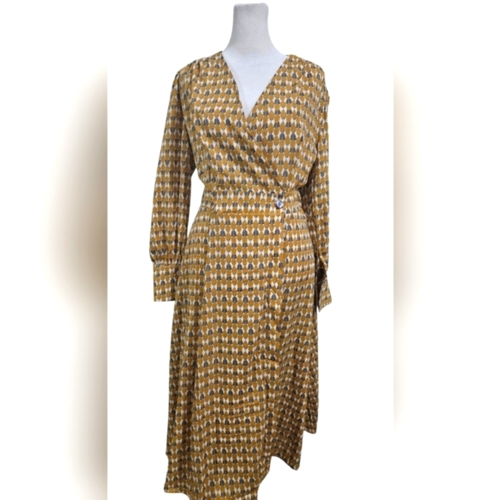 HL AFFAIR Mod Printed Wrap Maxi Long Sleeve Dress In Mustard/white/grey. S/M NWT